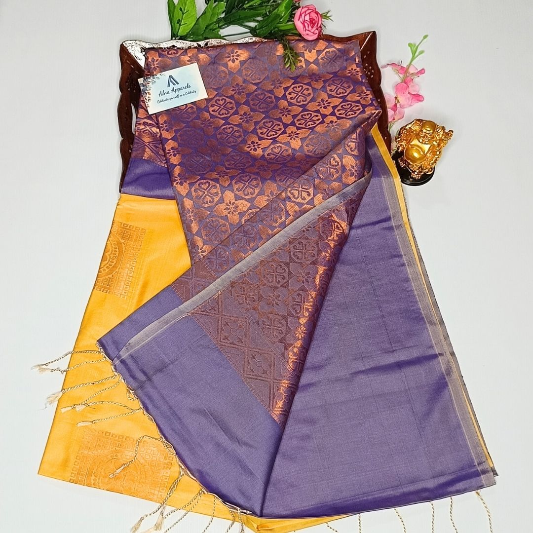 Light Yellow Color Kanchivaram Semi Soft Silk Saree Alna Apparels