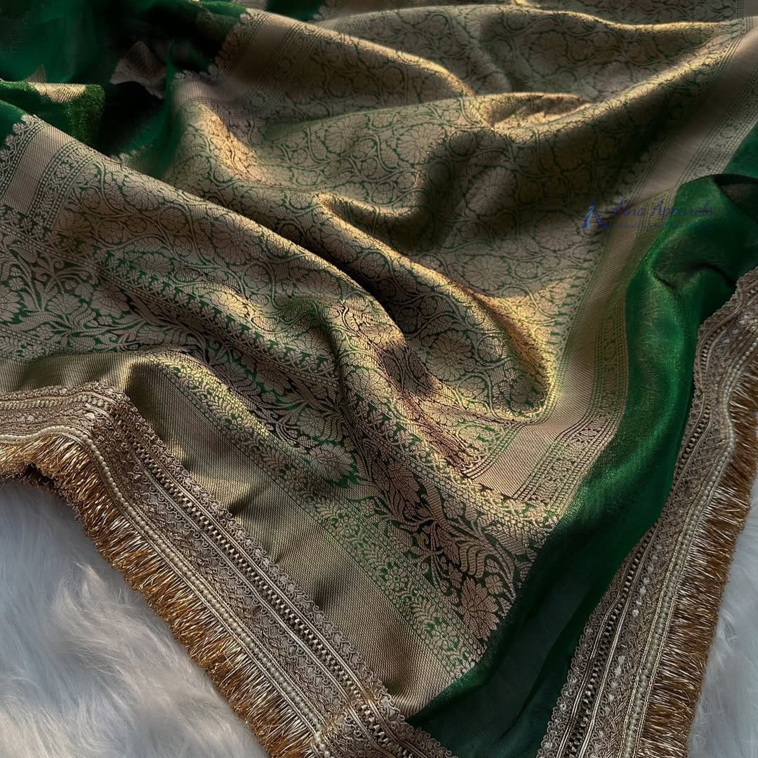 Green Banarasi Tissue Silk Saree With Lace Alna Apparels