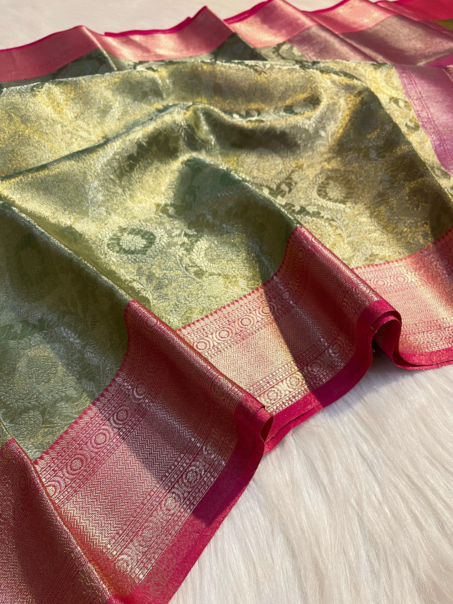 Parrot Green Color Banarasi Tissue Silk Saree Alna Apparels