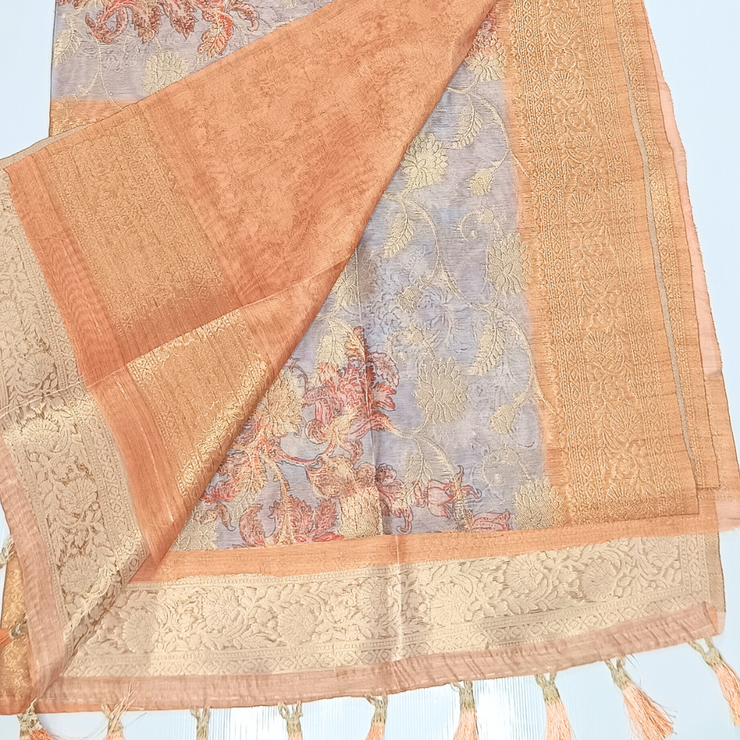 Light Ash Color Banarasi Organza Saree Alna Apparels