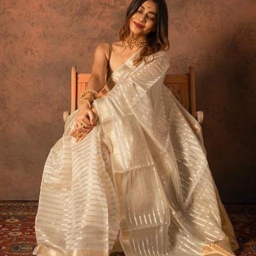 White Banarasi Organza Silk Saree Alna Apparels