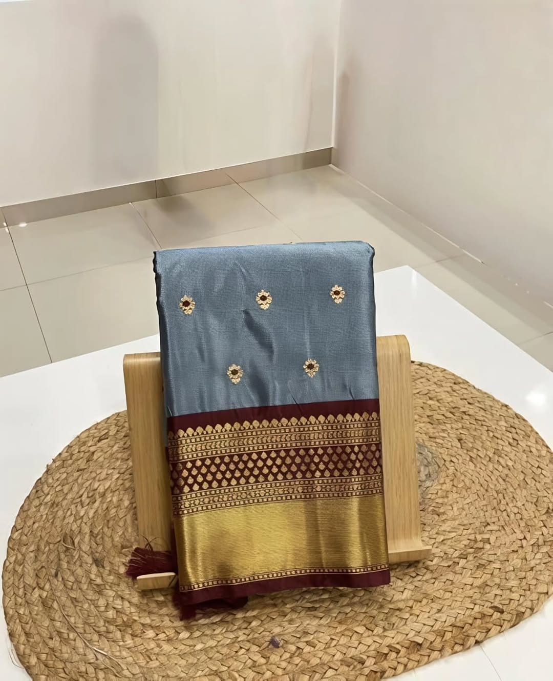 Ash Color Banarsi Katan Soft Silk Saree Alna Apparels