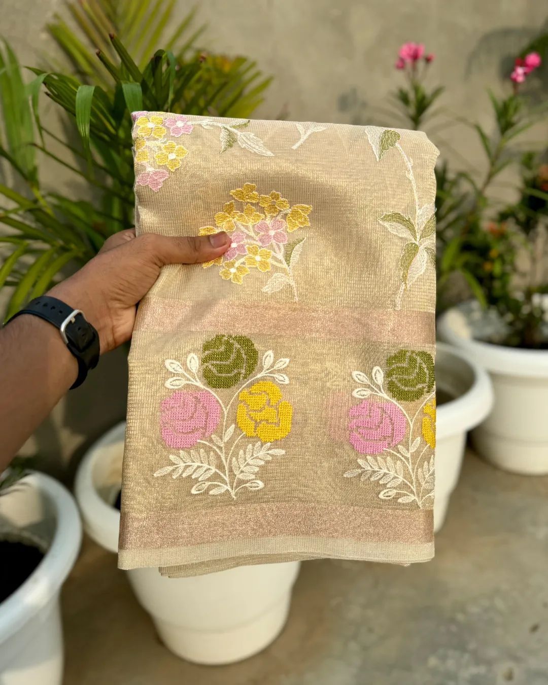 Beige Color Banarasi Embroidery Tissue Silk Saree - Alna Apparels