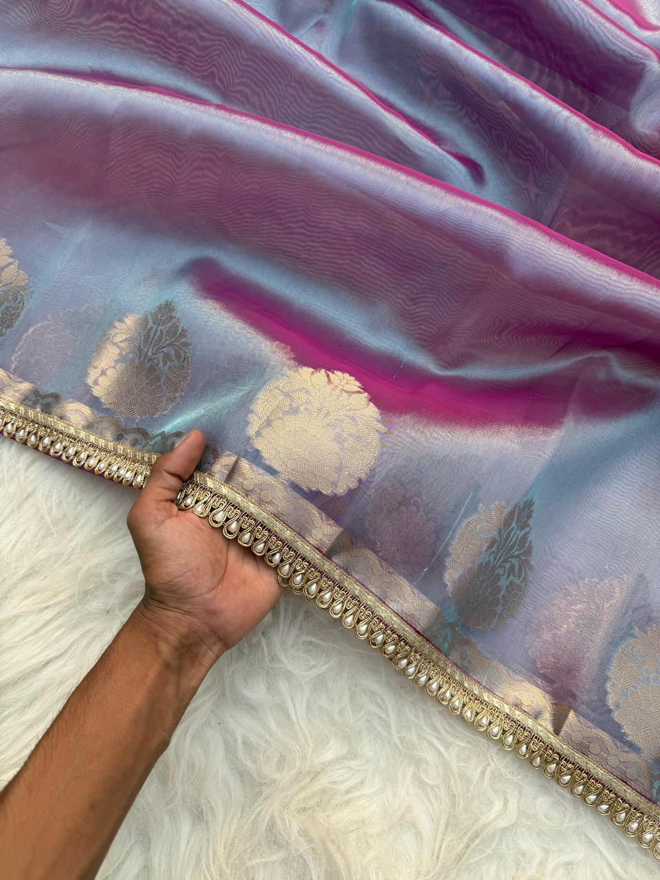 Blue Color Banarasi Tissue Silk Saree With Lace Work - Alna Apparels