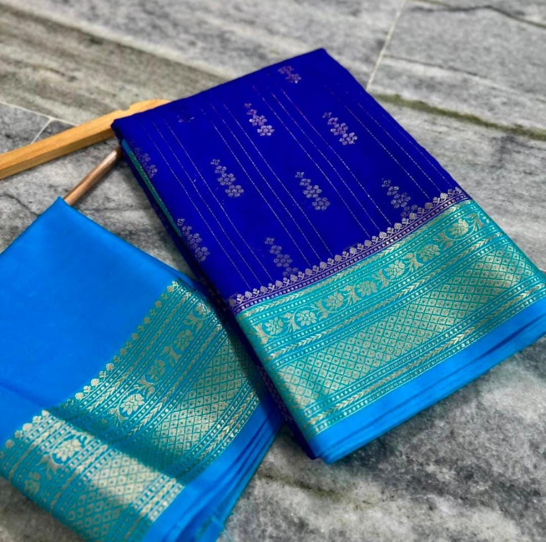 Blue Banarasi Kathan Gorgette Silk Saree - Alna Apparels