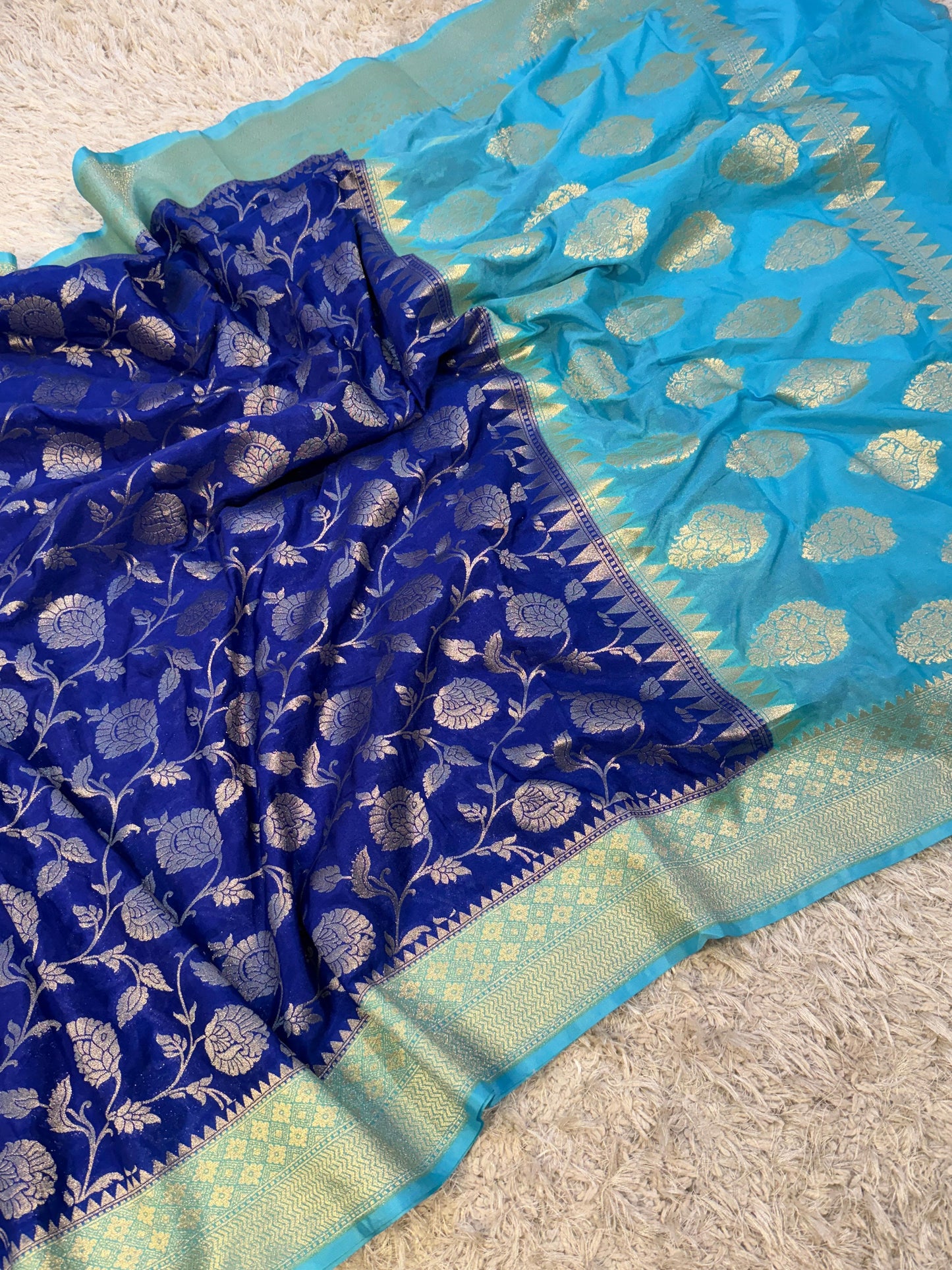 Blue Banarasi Semi Khaddi Katan Handloom Georgette Silk Saree - Alna Apparels