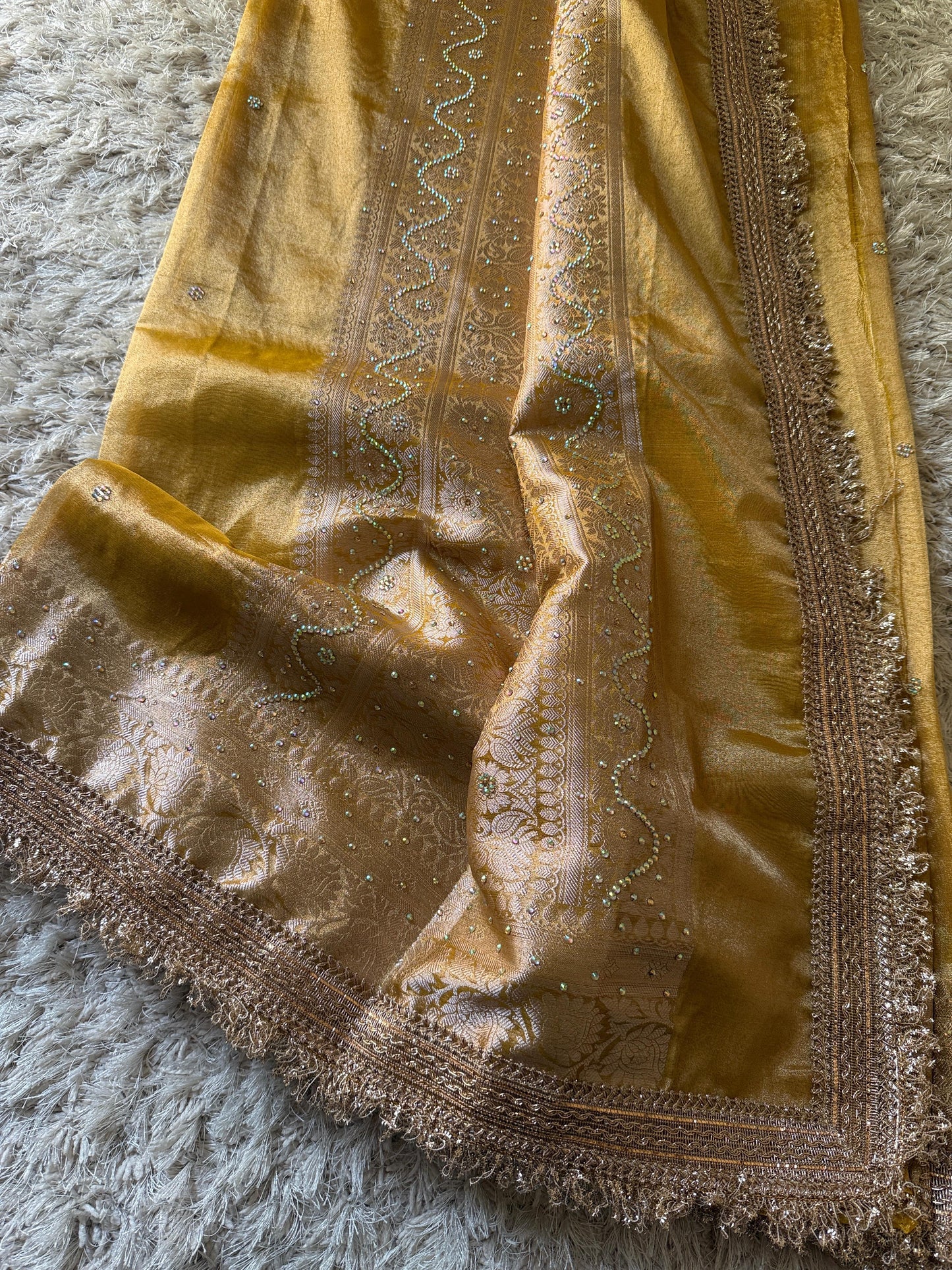Golden Yellow Banarasi Tissue Silk Saree Classy Stone Work With Lace - Alna Apparels