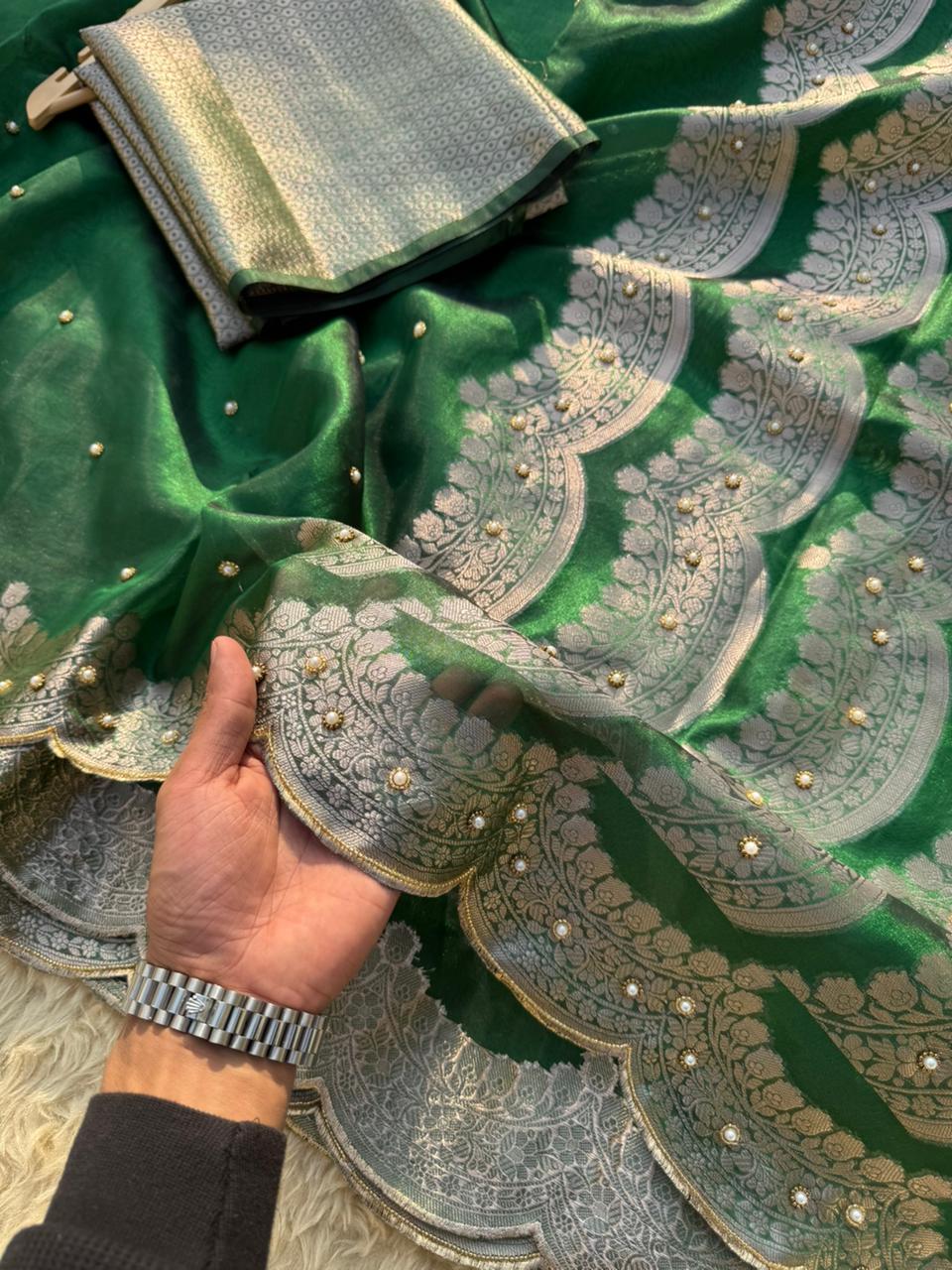 Green Banarasi Tissue Silk Saree Stone With Aari Work Alna Apparels