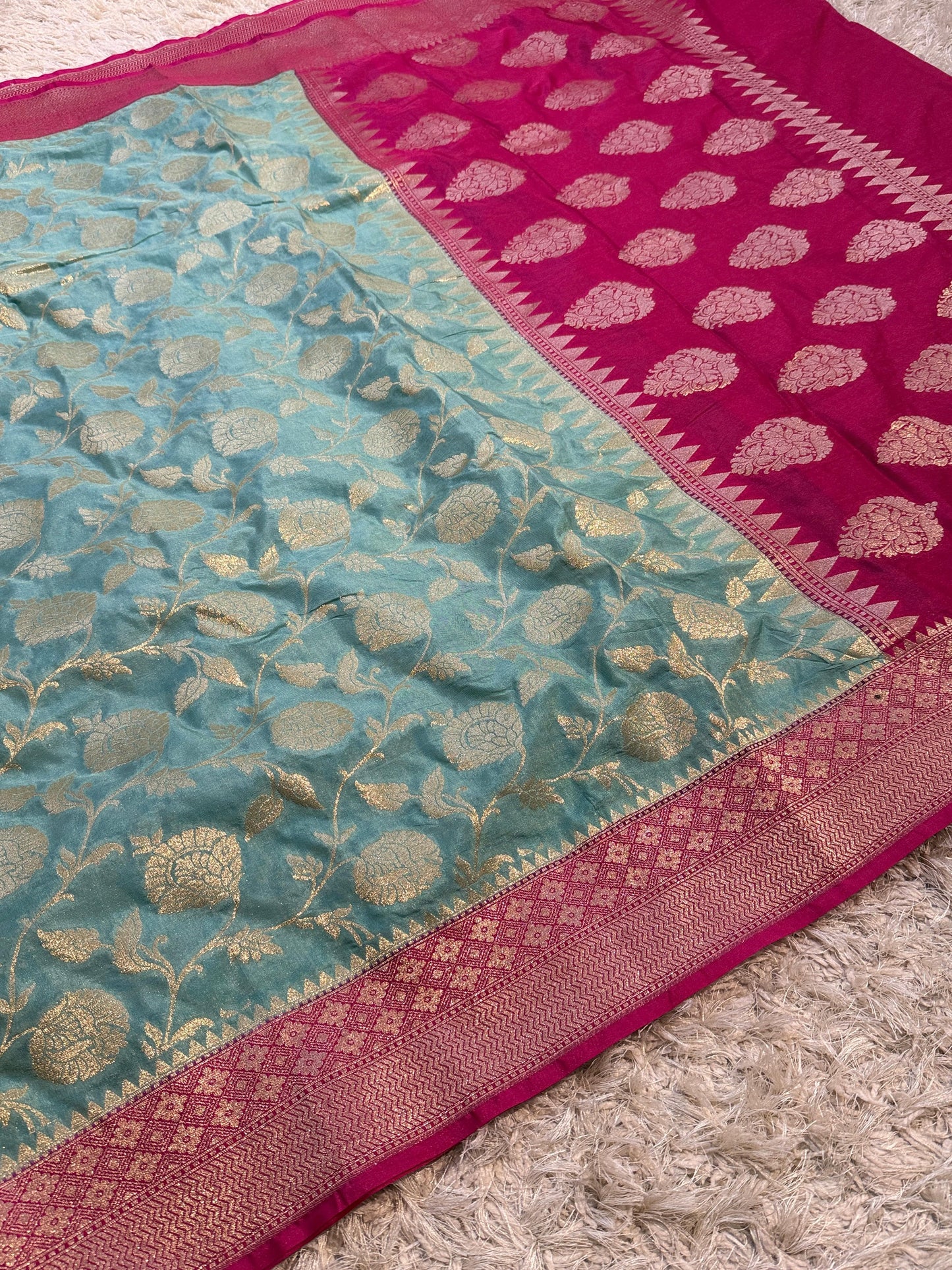 Light Blue Banarasi Mashroo Kathan Soft Silk Saree Alna Apparels