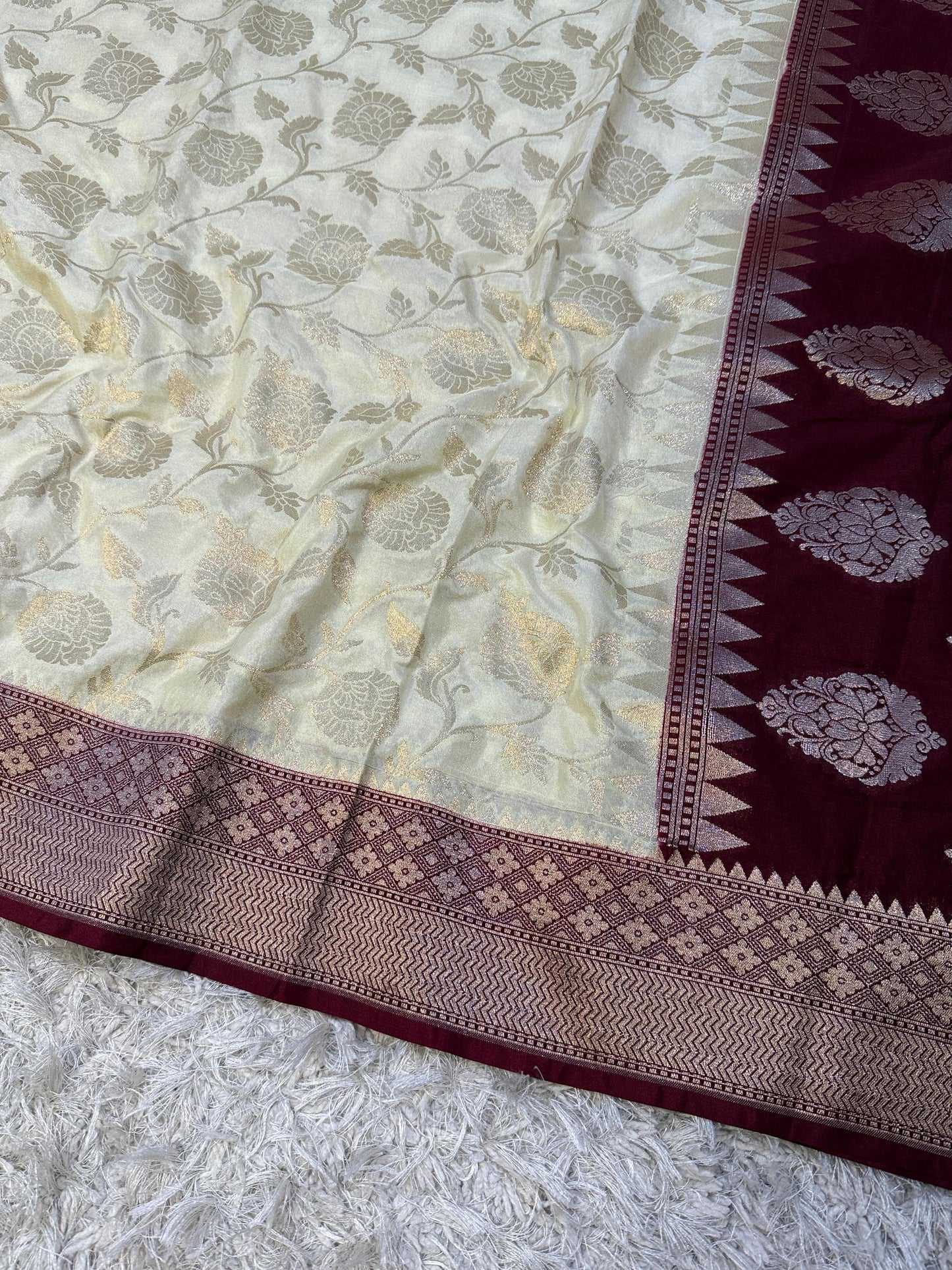 Beige Banarasi Mashroo Kathan Soft Silk Saree Alna Apparels