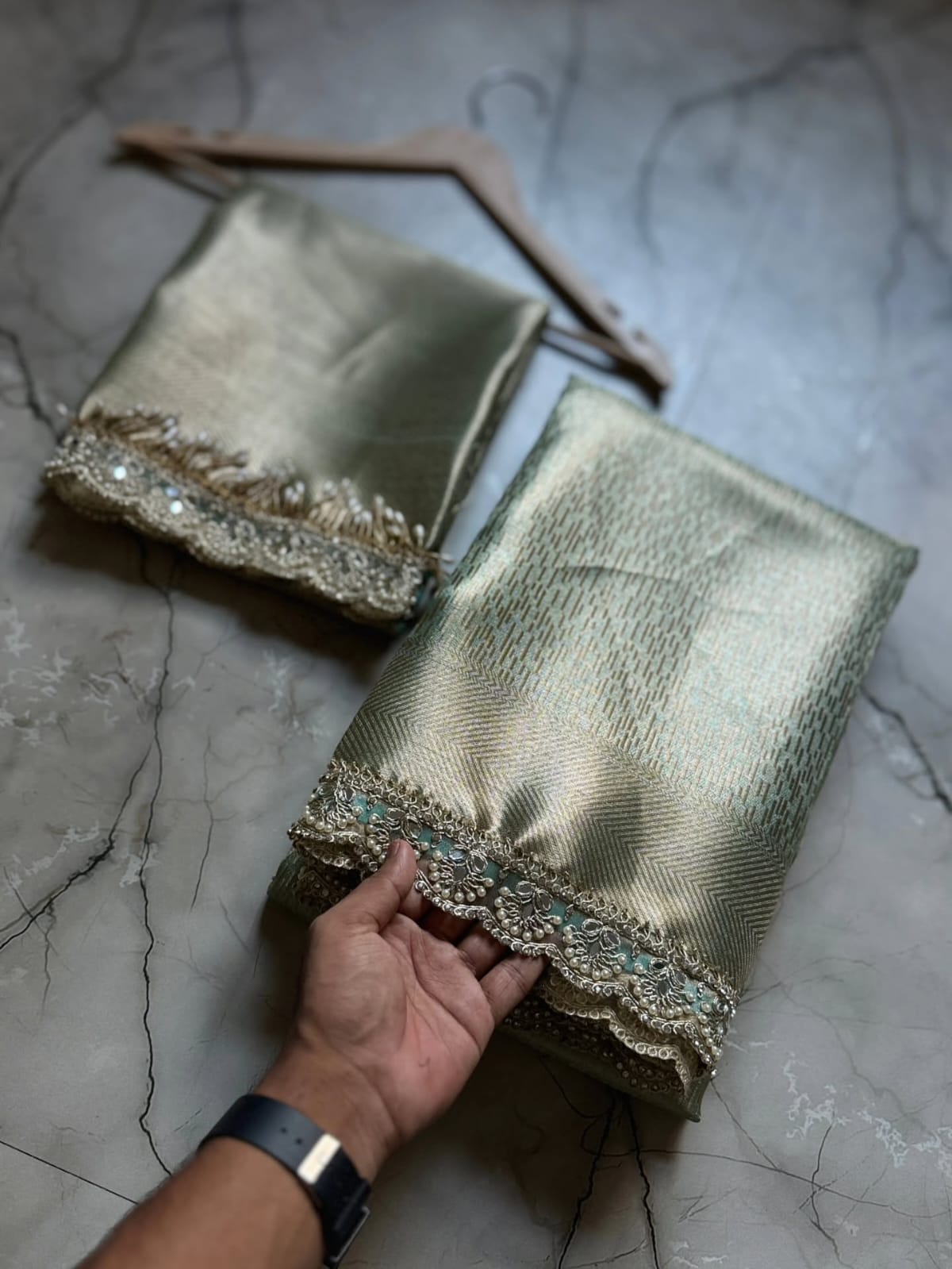 Pista Green Banarasi Tissue Silk Saree With Lace Alna Apparels