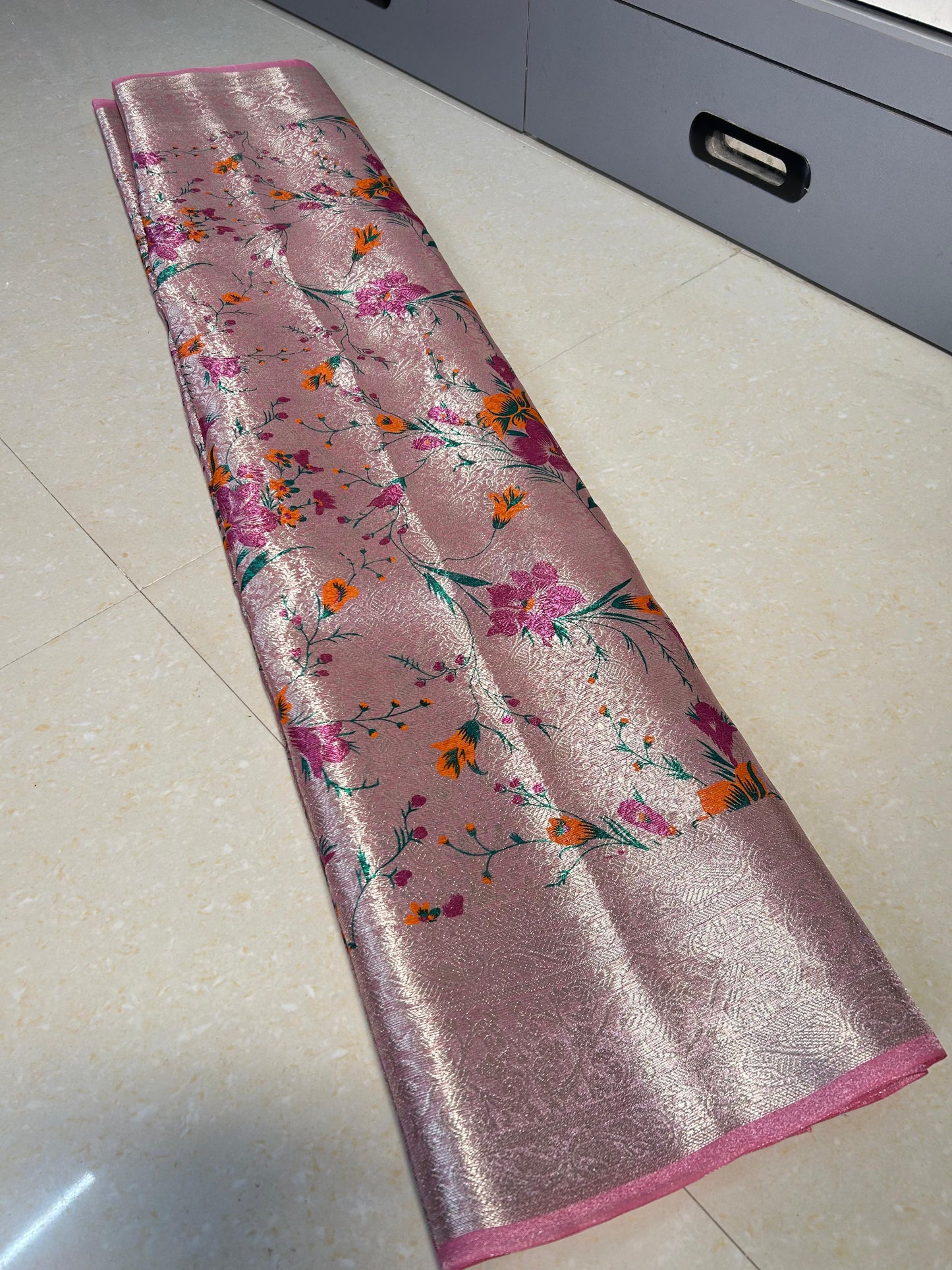 Pink Banarasi Tissue Silk Saree With Printed Alna Apparels