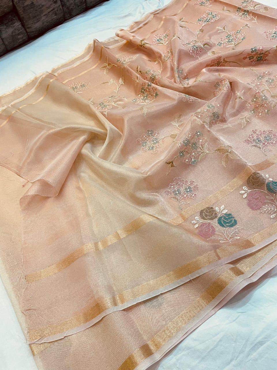 Cream Color Banarasi Embroidery Tissue Silk Saree Alna Apparels