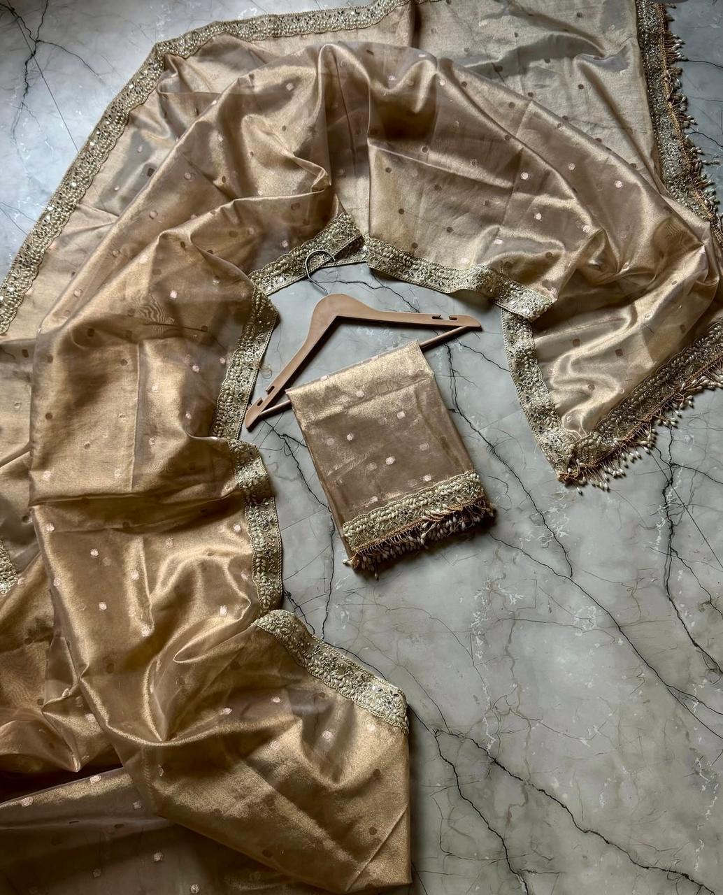 Beige Color Banarasi Tissue Silk Saree With Lace Work Alna Apparels