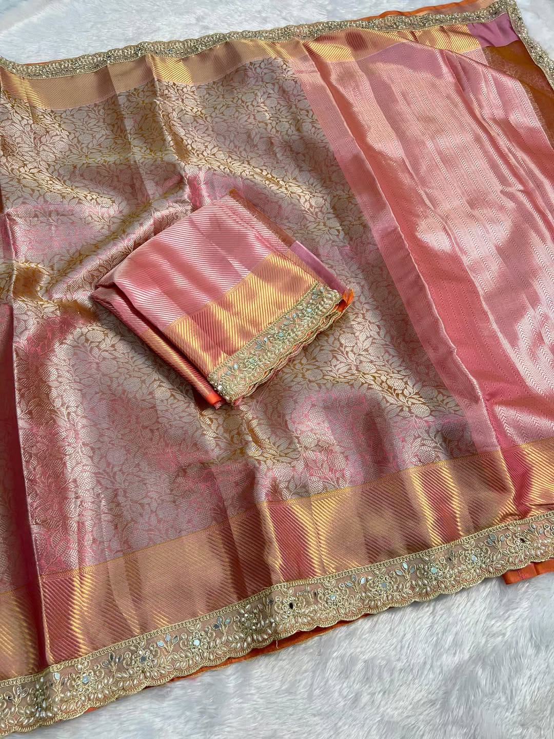 Pink Banarasi Cora Tissue Silk Saree With Lace Work Alna Apparels
