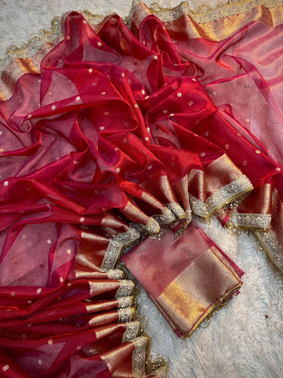 Red Banarasi Tissue Silk Saree With Lace Work Alna Apparels