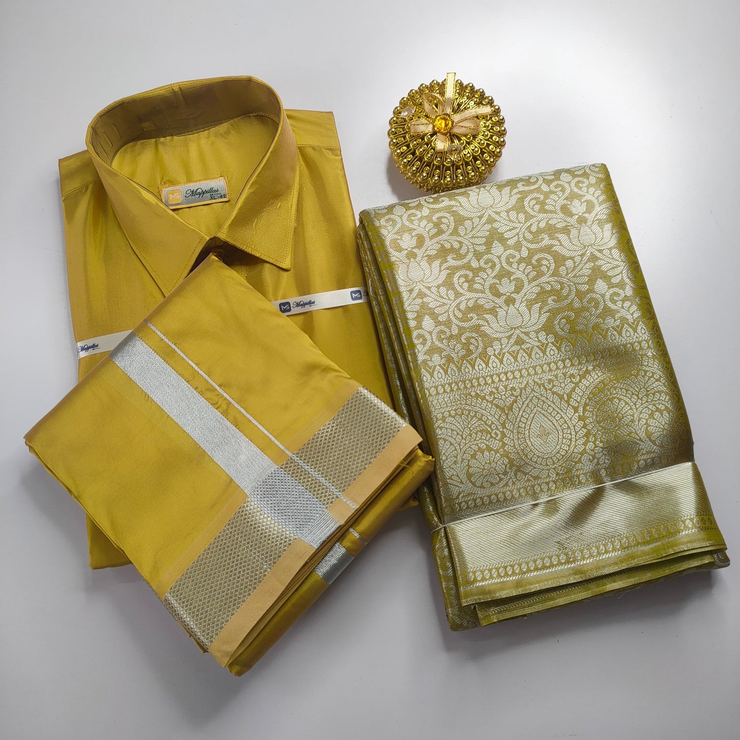 Mustard Yellow Color Premium Ethnic Wear Couple Combo Set Alna Apparels