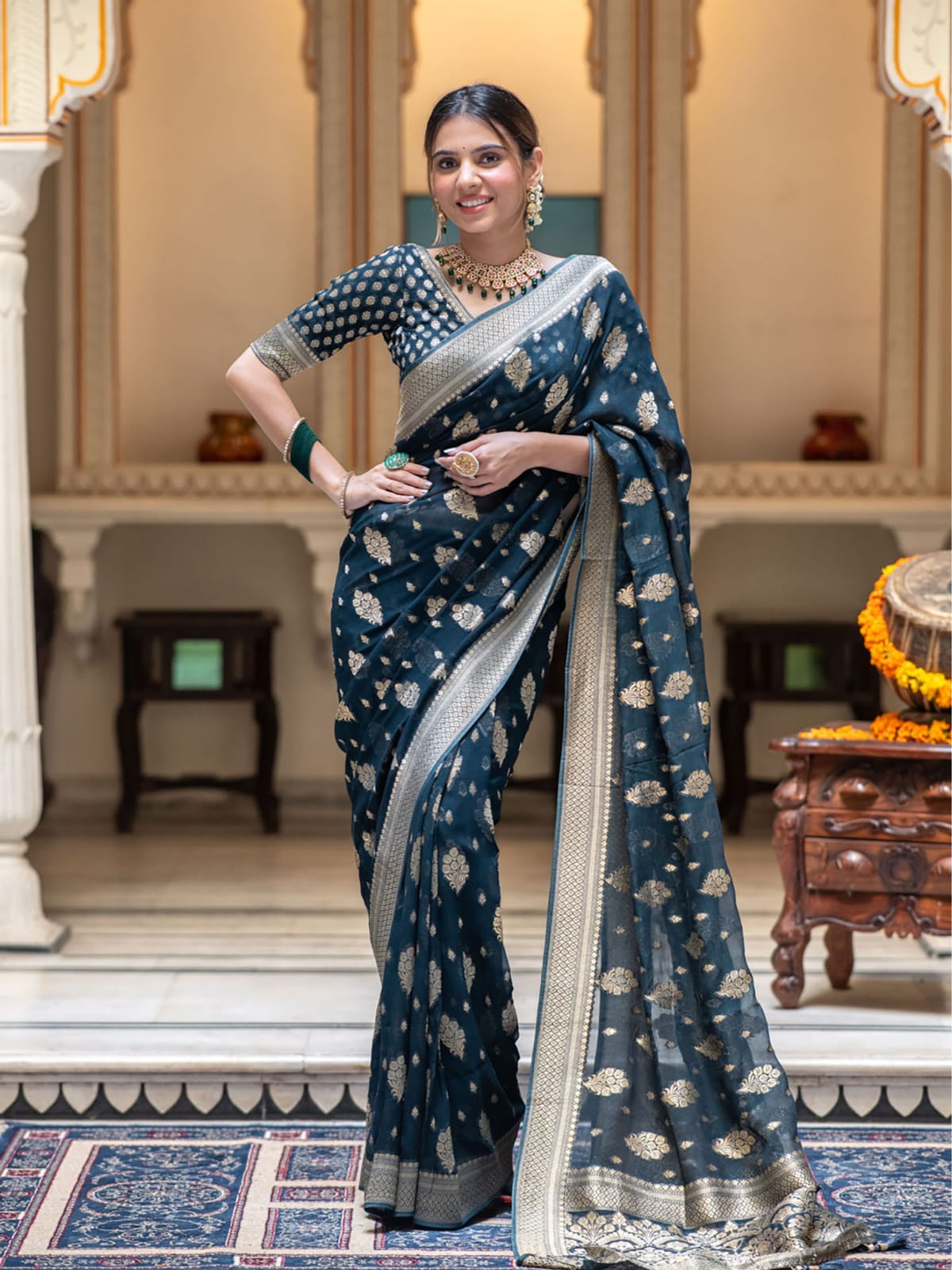 Navy Blue Banarasi Georgette Saree