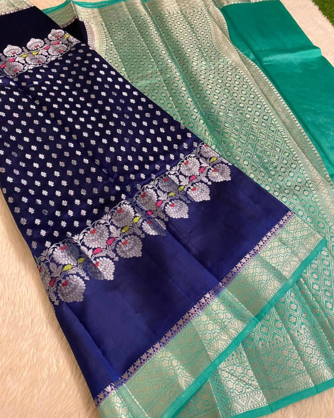 Navy Blue Banarasi Kathan Soft Silk Saree Alna Apparels