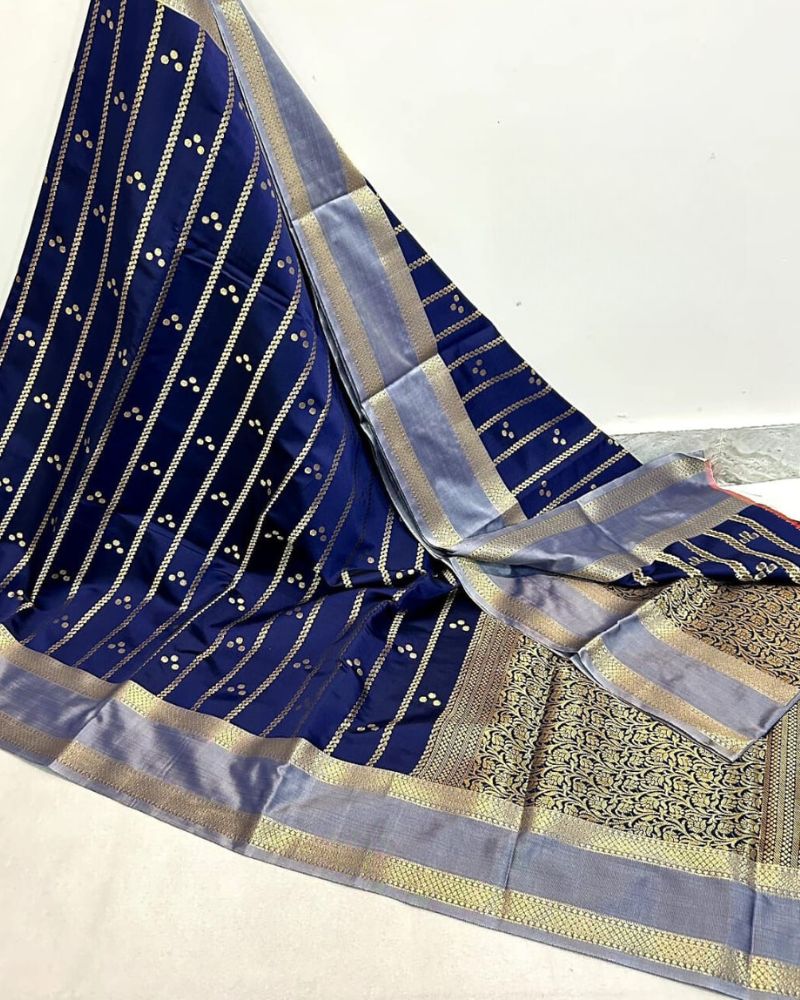 Navy Blue Banarasi Soft Silk Saree - Alna Apparels