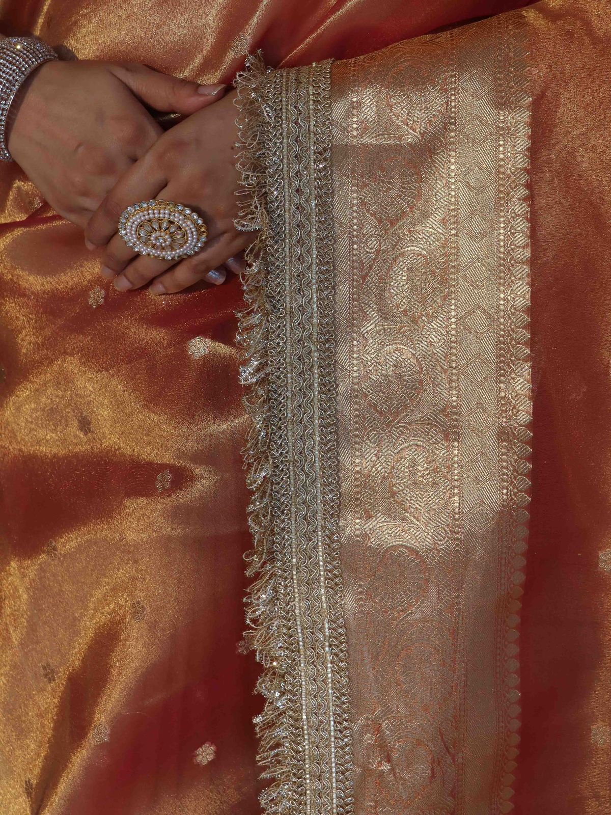 Orange Banarasi Tissue Silk Saree With Zari Buti Design & Lace Work - Alna Apparels