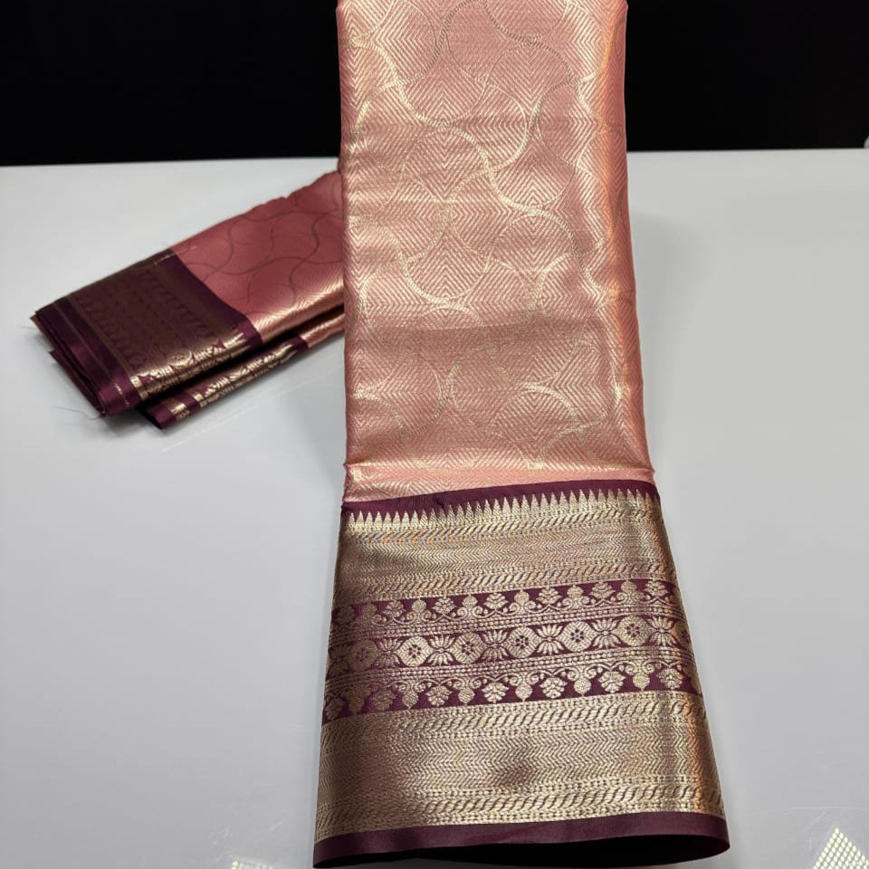 Peach Color Banarasi Kathan Soft Silk Saree Alna Apparels