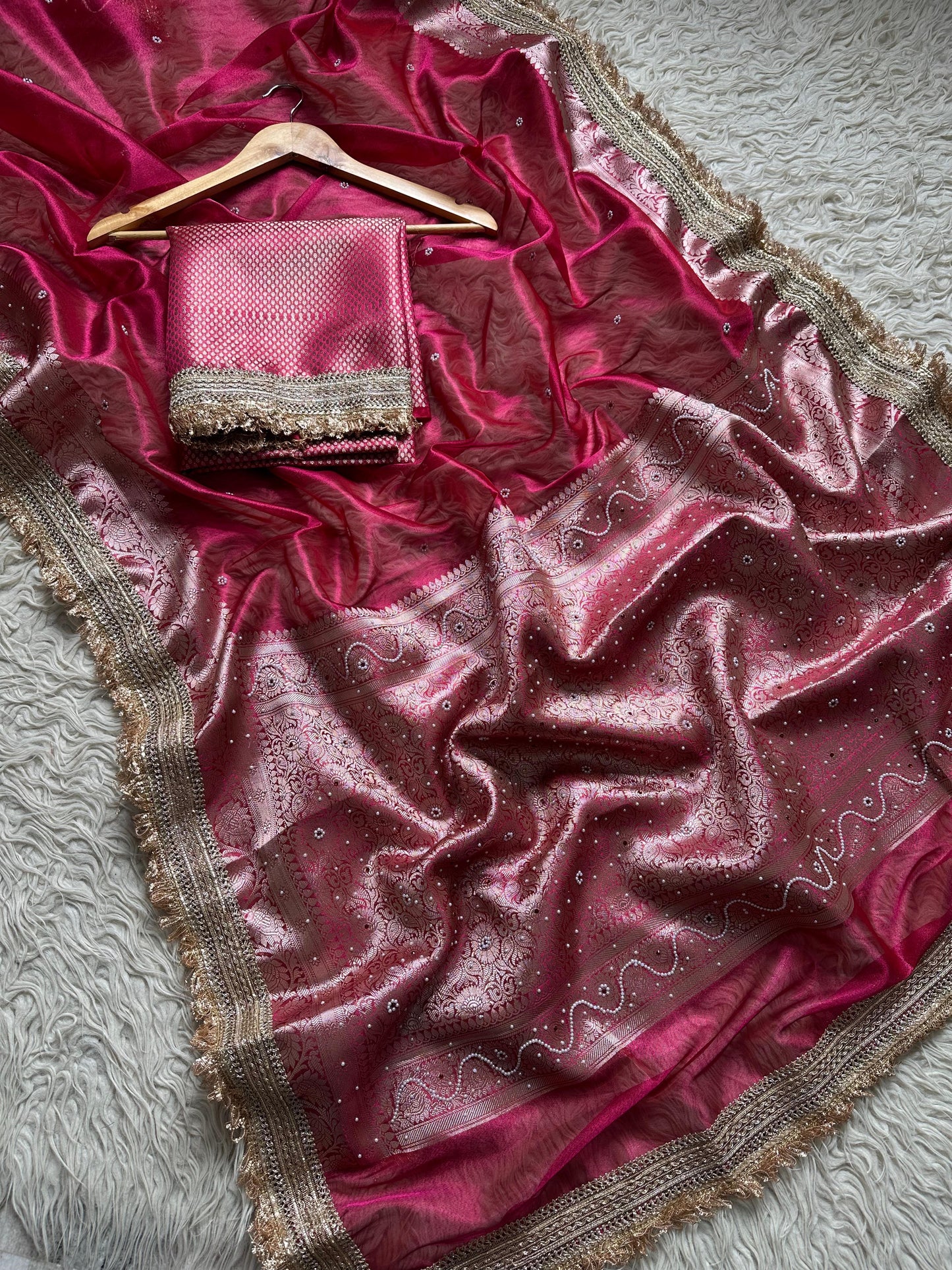 Pink Banarasi Tissue Silk Saree Classy Stone Work With Lace - Alna Apparels