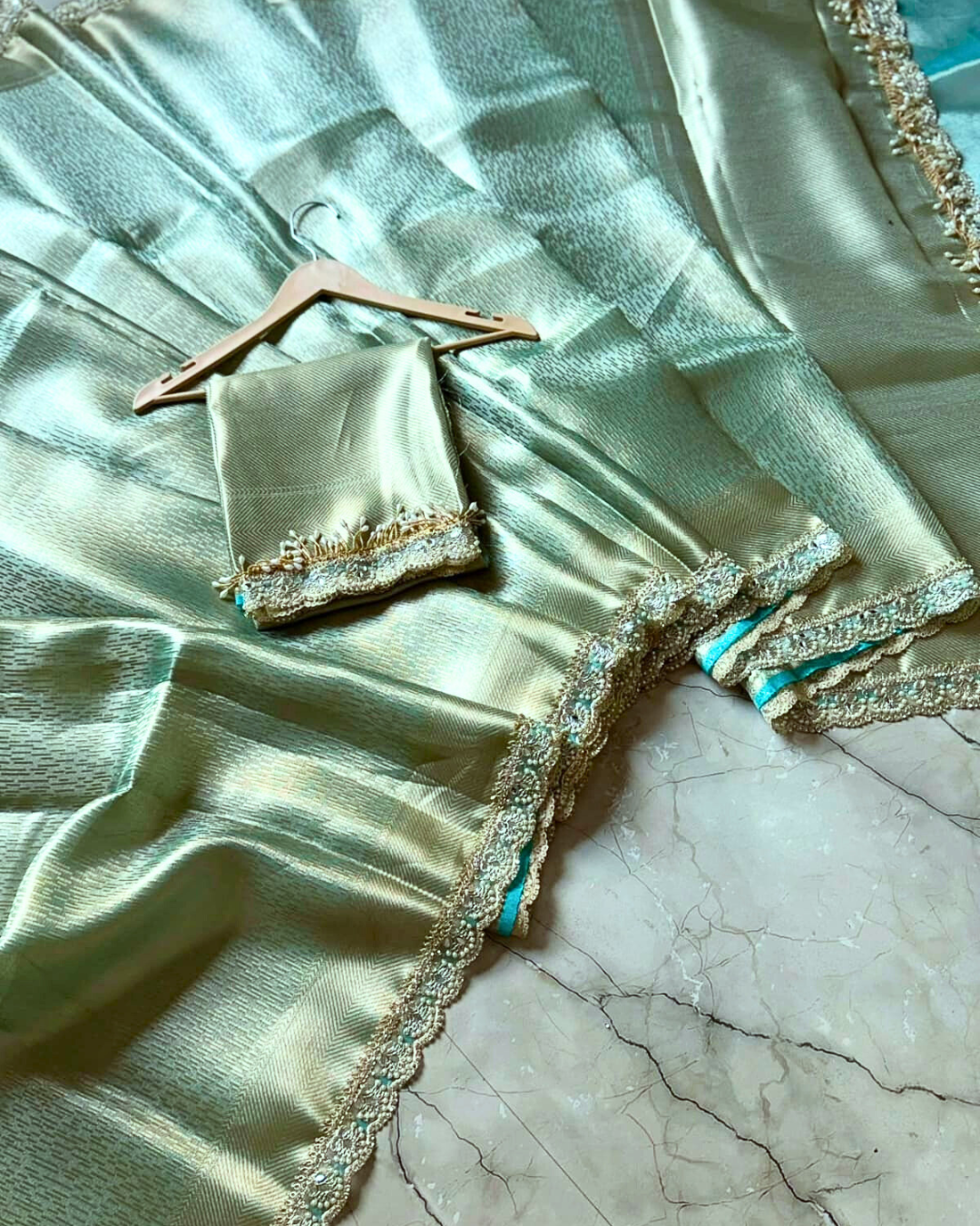 Pista Green Banarasi Tissue Silk Saree With Lace - Alna Apparels