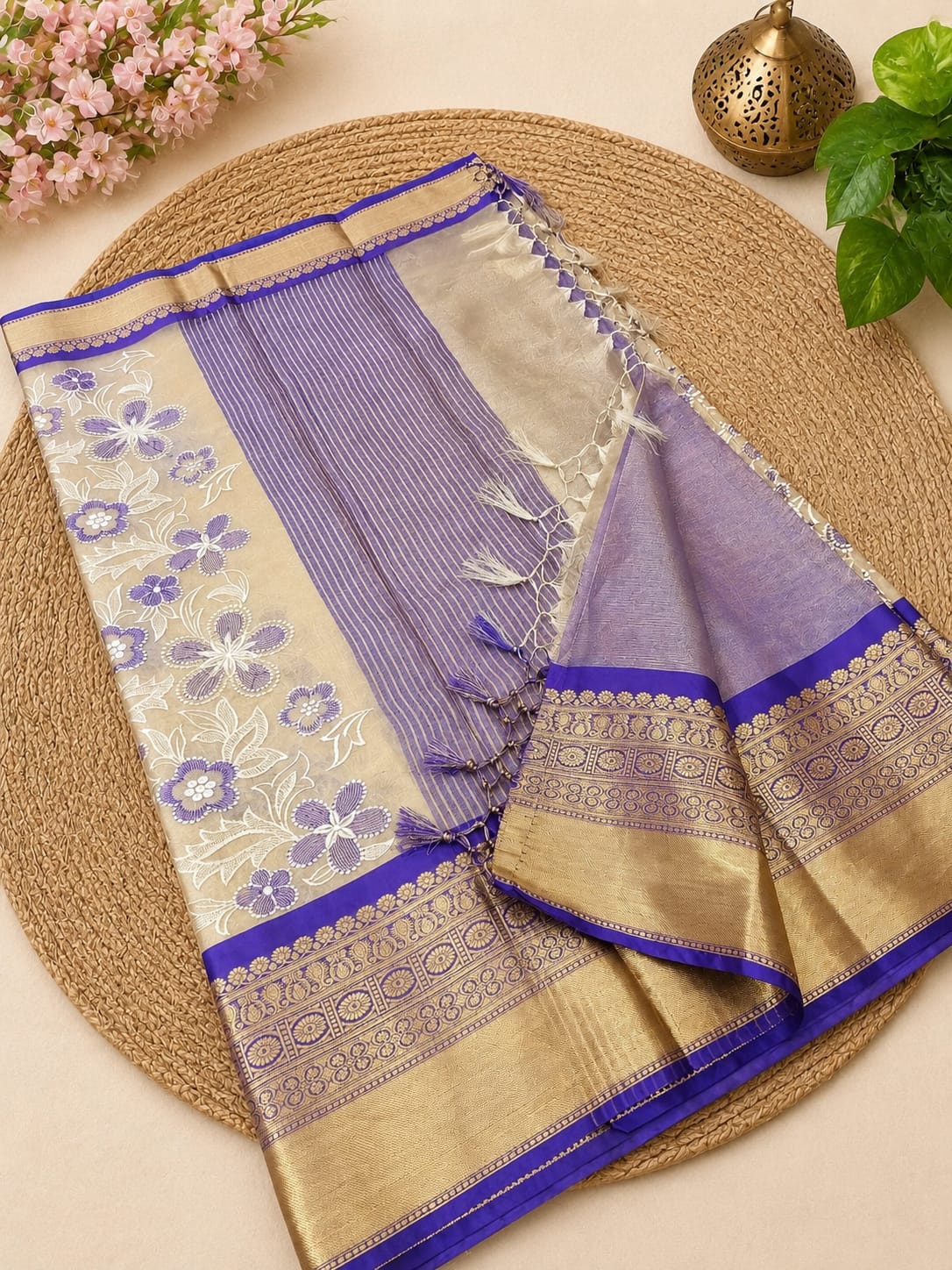 Purple Banarasi Semi Silk Saree With Beautiful Embroidery Work Alna Apparels