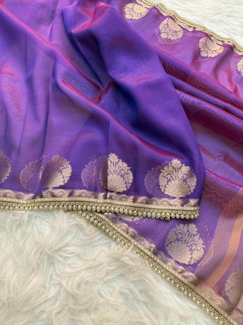 Purple Color Banarasi Tissue Silk Saree With Lace Work Alna Apparels