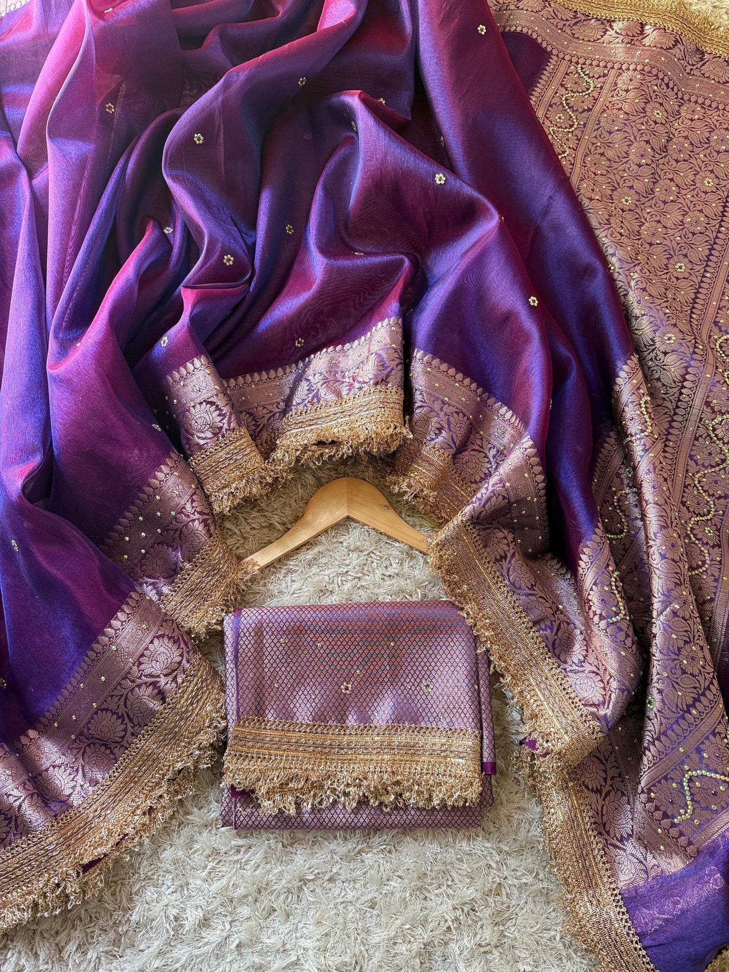 Purple Banarasi Tissue Silk Saree Classy Stone Work With Lace Alna Apparels