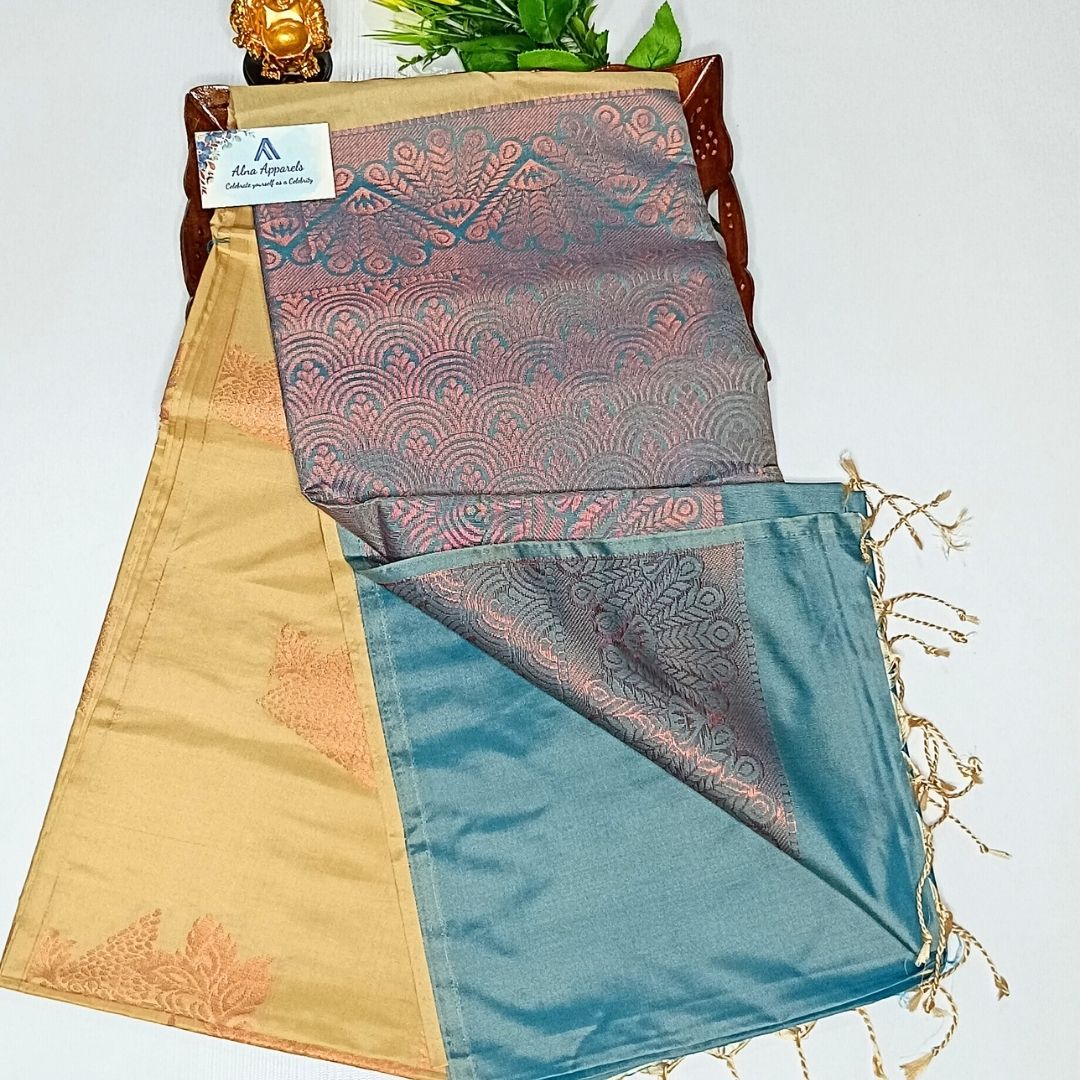 Tan Color Kanchivaram Semi Soft Silk Saree - Alna Apparels