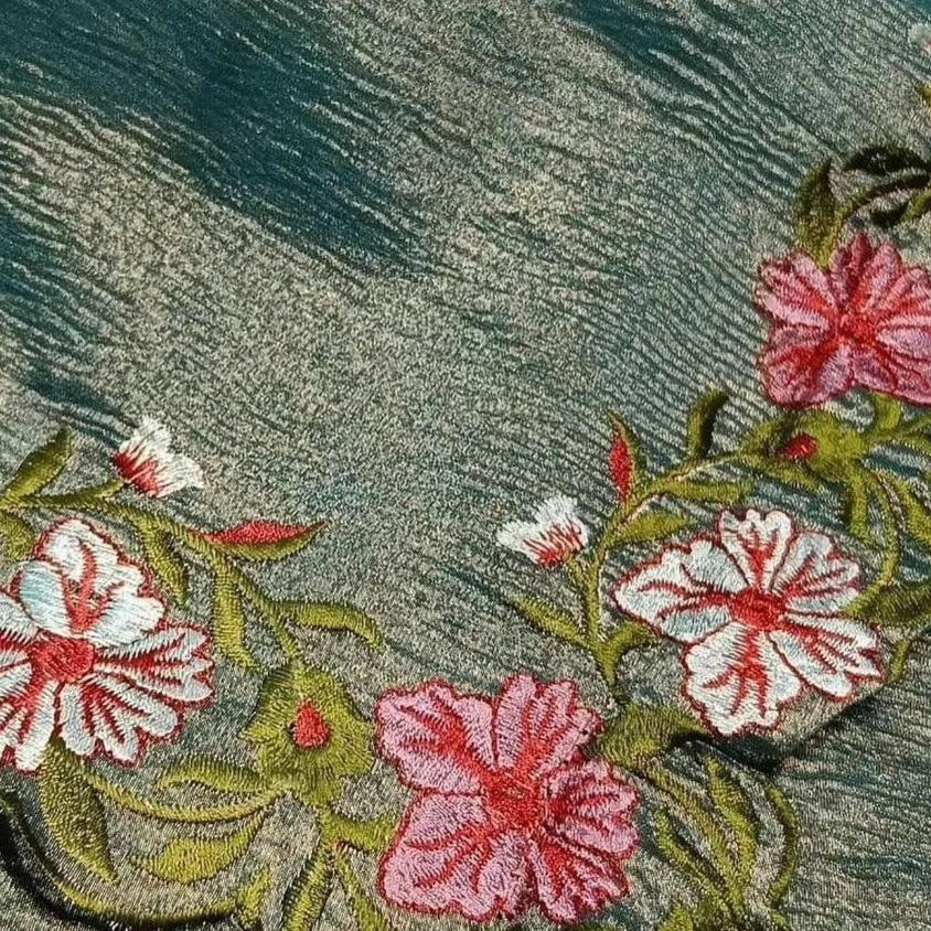 Greenish blue Banarasi Crush Tissue Embroidery Cutwork Saree Alna Apparels