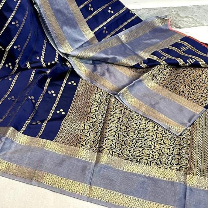 Navy Blue Banarasi Soft Silk Saree Alna Apparels
