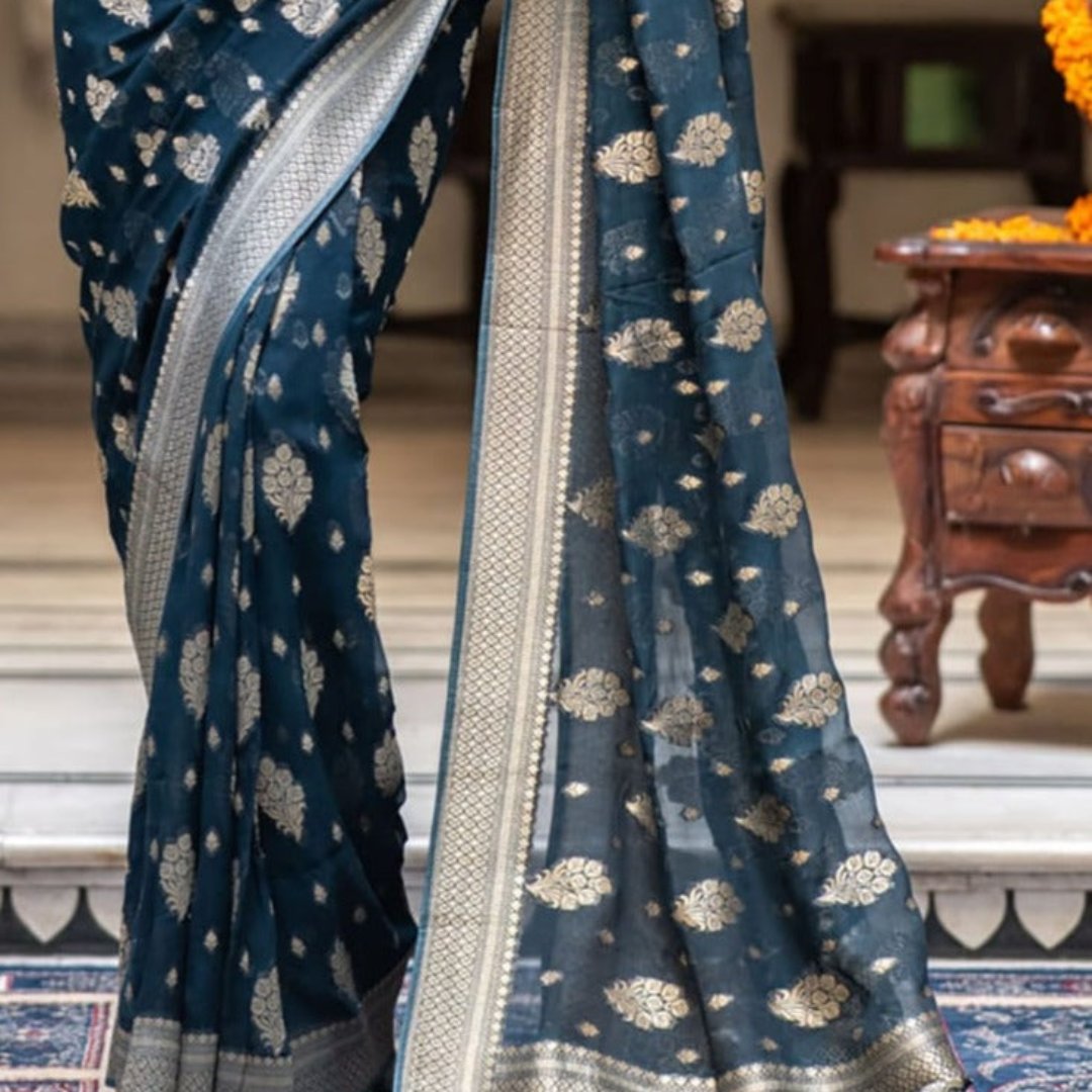Navy Blue Banarasi Georgette Saree Alna Apparels