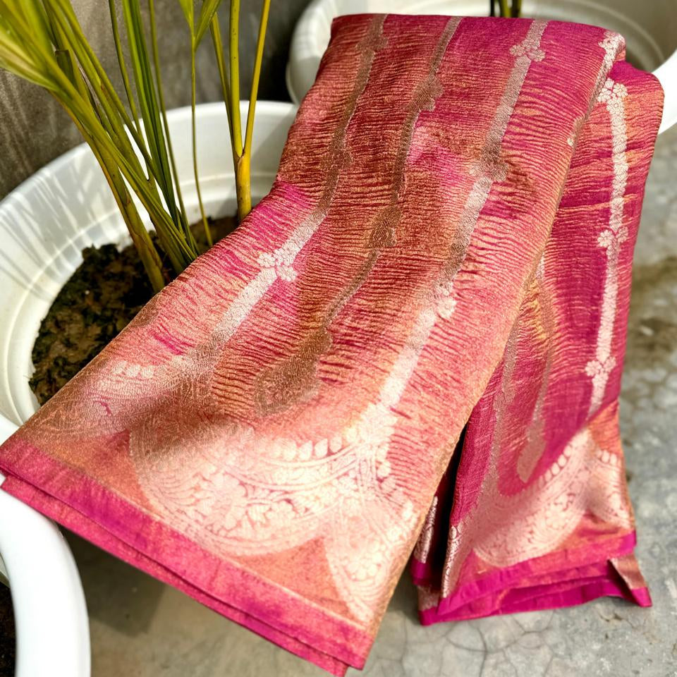 Pink Banarasi Crush Tissue Silk Saree Alna Apparels