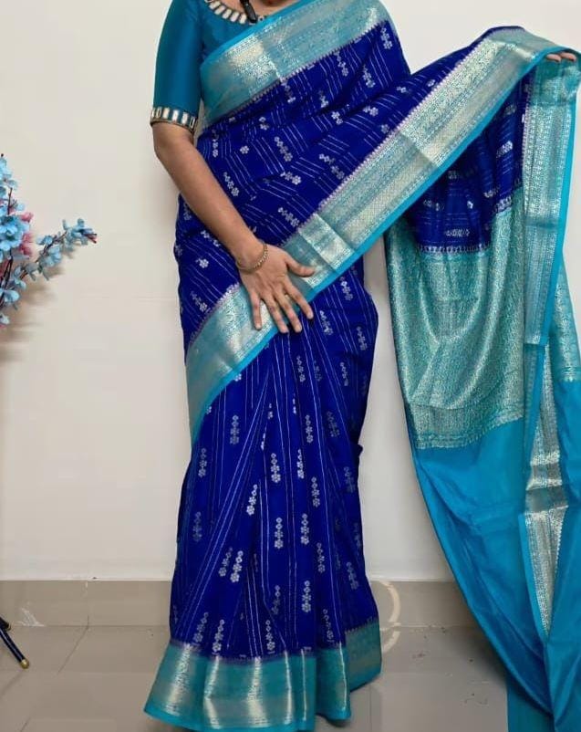 Blue Banarasi Kathan Gorgette Silk Saree Alna Apparels