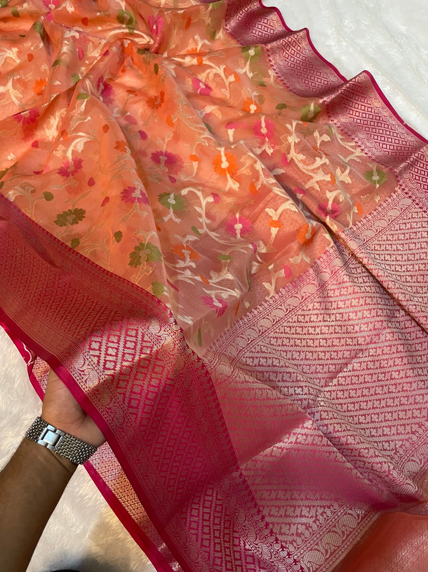 Orange Banarasi Cora Organza Silk Saree With Meenakari Work Alna Apparels