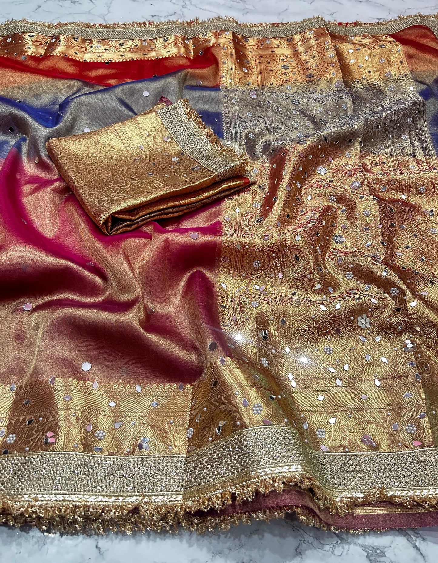 Multi Color Banaras Tissue Silk Saree Lace With Mirror Work Alna Apparels