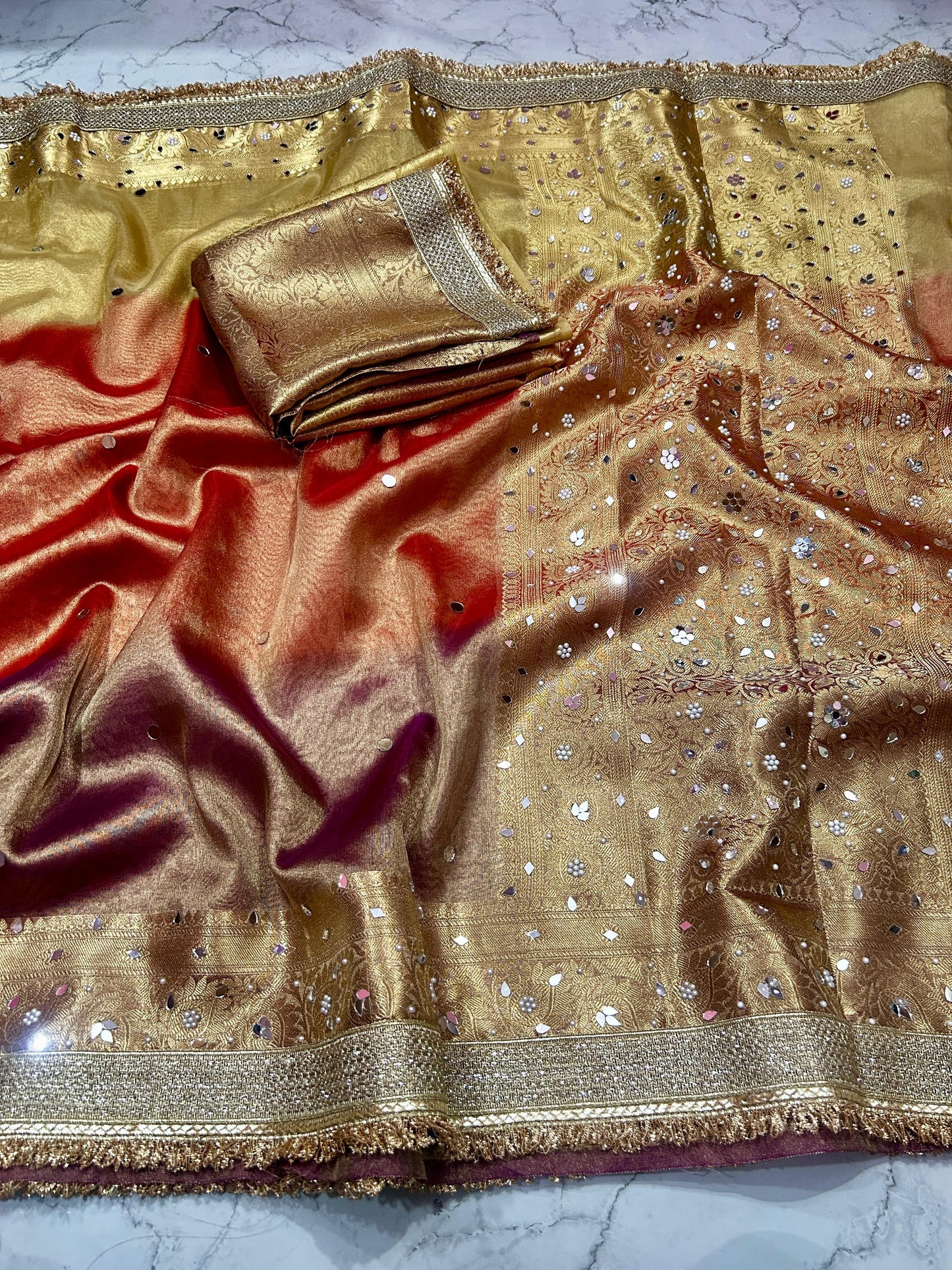 Multi Color Banarasi Tissue Silk Saree Lace With Mirror Work Alna Apparels