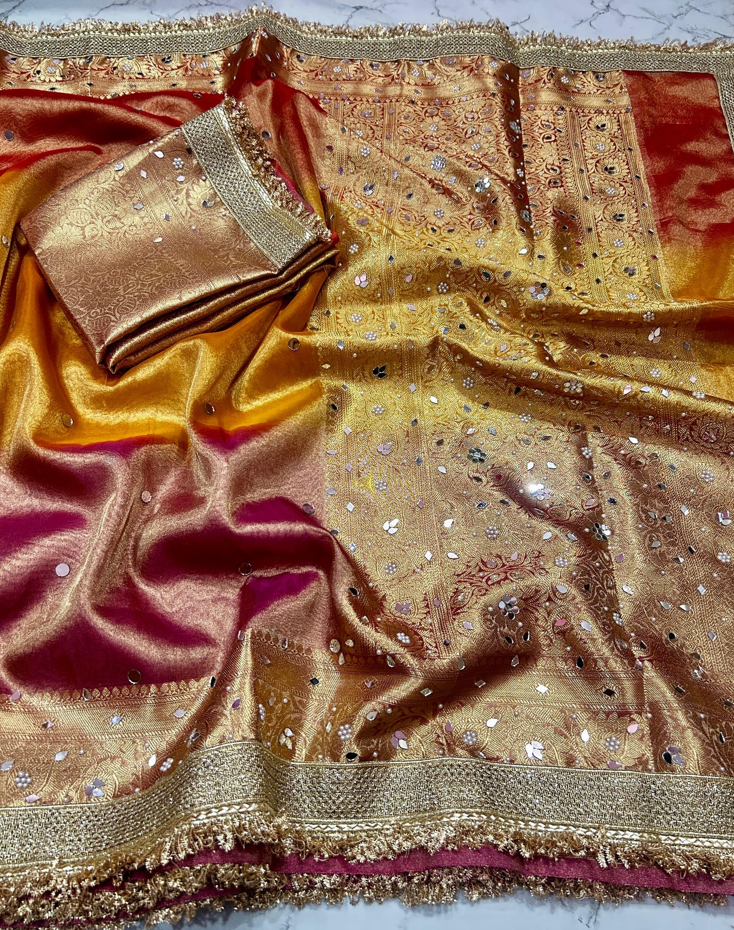 Multi Color Banarasi Tissue Silk Saree Lace With Mirror Work Alna Apparels