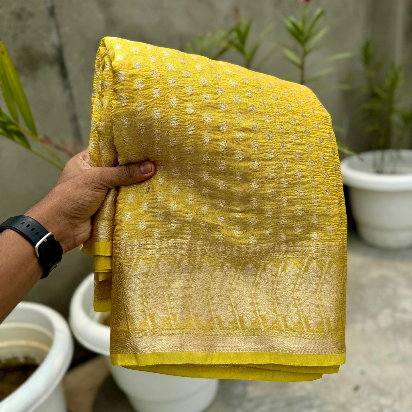 Mustard Yellow Banarasi Crush Tissue Silk Saree Alna Apparels