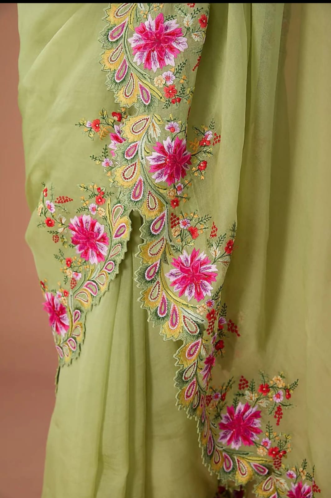 Pista Green Banarasi Dayble Cora Organza Silk Saree With Cutwork Alna Apparels