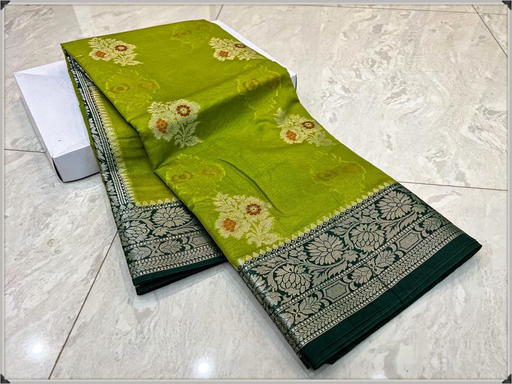 Green Banarasi Georgette Meenakari Soft Silk Saree Alna Apparels