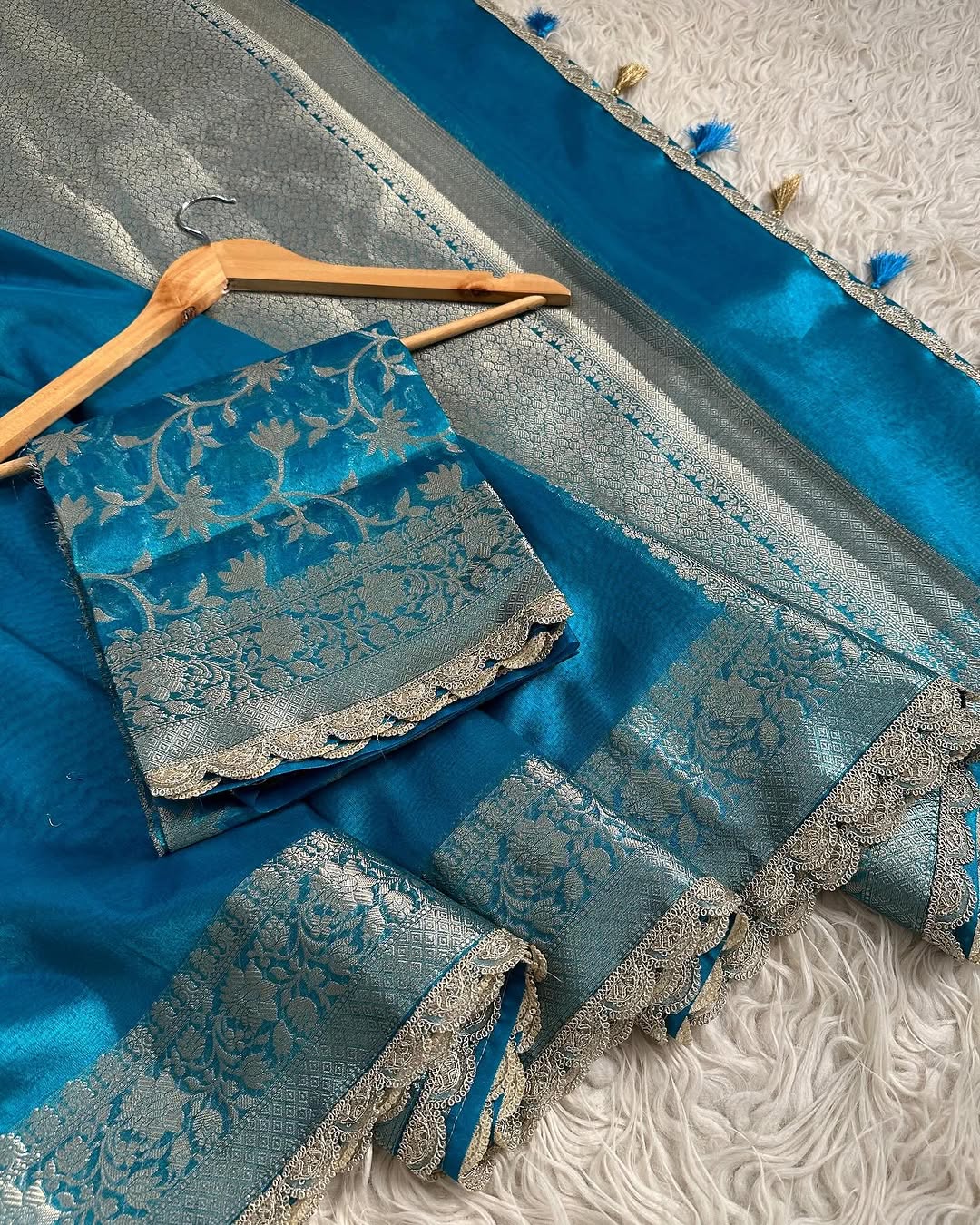 Blue Banarasi Tissue Silk Saree With Lace Alna Apparels