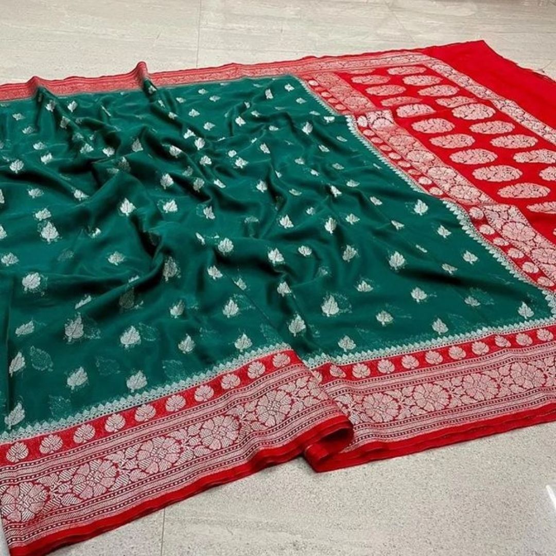 Green Banarasi Katan Georgette Saree Alna Apparels