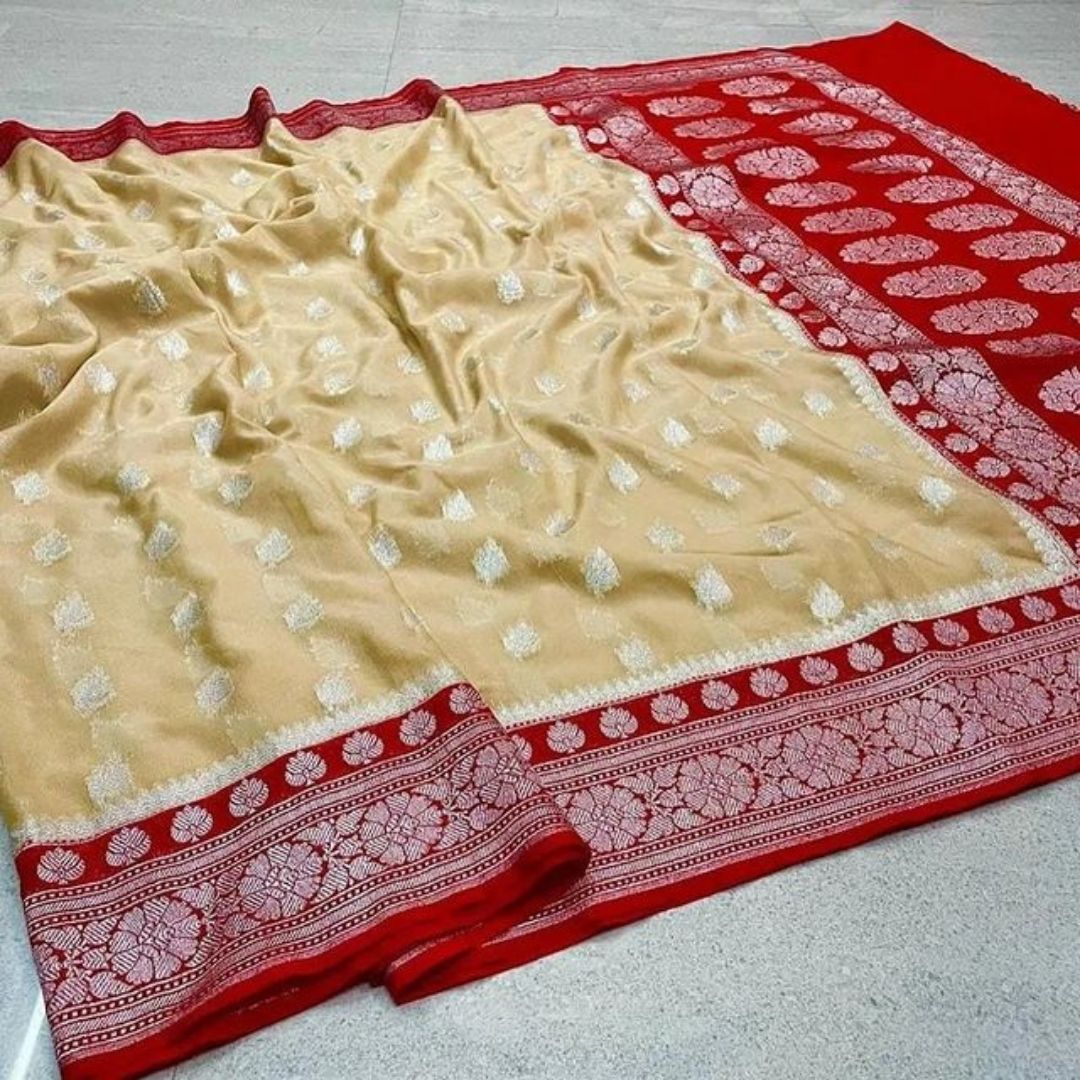 Cream Banarasi Katan Georgette Saree Alna Apparels