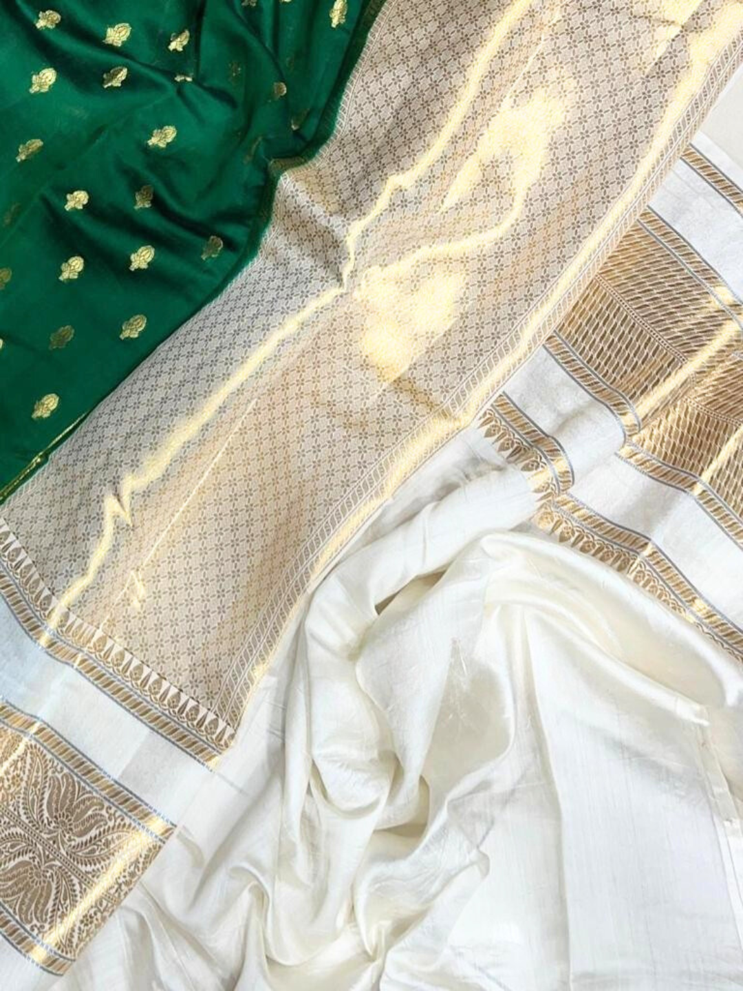 Green Banarasi Kathan Dupion Silk Saree Alna Apparels