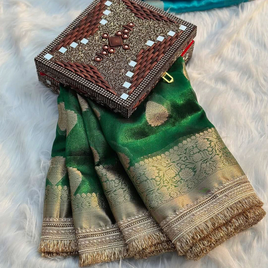 Green Banarasi Tissue Silk Saree With Lace Alna Apparels