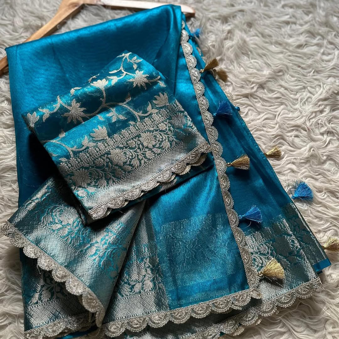 Blue Banarasi Tissue Silk Saree With Lace Alna Apparels